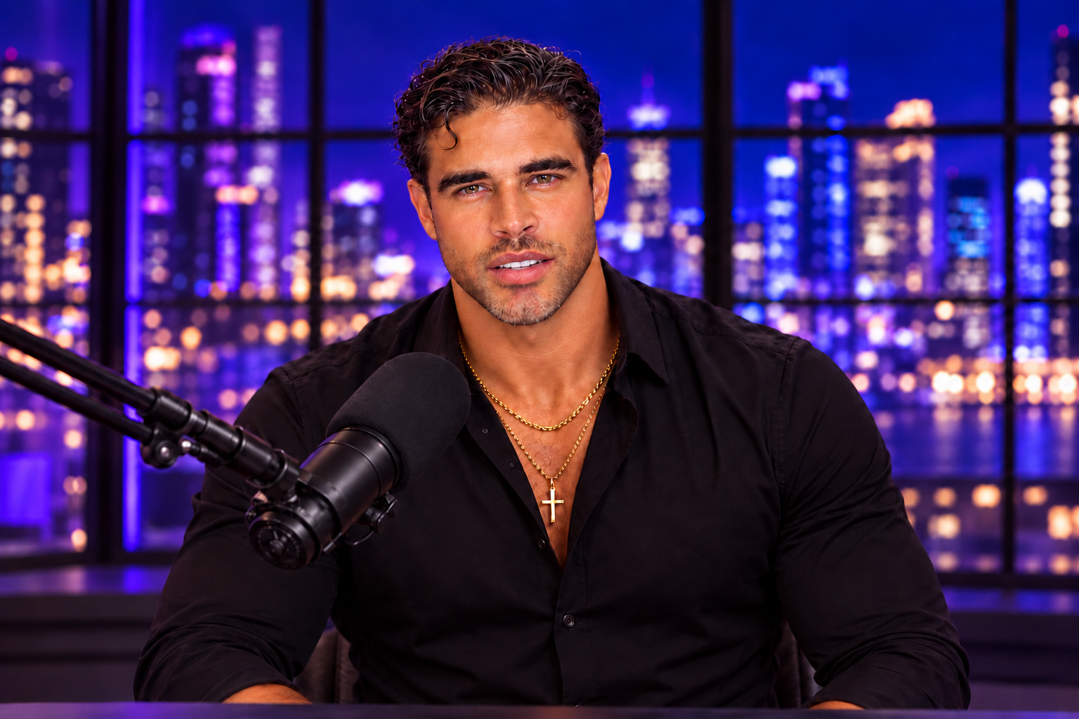 Brandon Mason, known as The Plug, in a black shirt beside a plain black studio microphone with a purple cityscape behind him